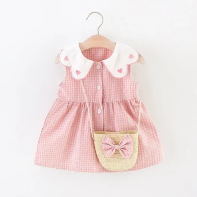 2PCS Summer Baby Girls Plaid Love Embroidered Dress Set