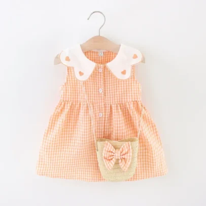 2PCS Summer Baby Girls Plaid Love Embroidered Dress Set